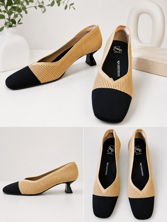 Miss Elastic Shoes - Miss Elastic Beige & Black Knit Cap Toe Low Heel Pumps | EU 40 | Chic Comfort